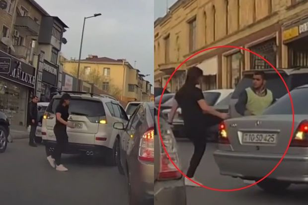 Azərbaycanda “parkovşik”i döyən qadın sürücü saxlanıldı - VİDEO